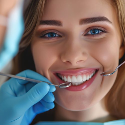 Closeup of young woman with open mouth having dental checkup at dentist office.